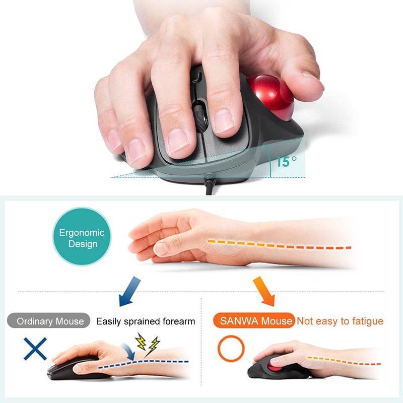 SANWA Wired Ergonomic Trackball Mouse, Optical Vertical Rollerball Mice, Silent Buttons, 34mm Trackball, 600/800/1200/1600 DPI, Compatible with MacBook, Laptop, Computer, Windows, macOS, Red - Image 5